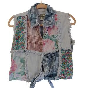 Vtg 90s Patchwork Floral Plaid Button Up Crop Top Blue Pink Fringe Cottage Small